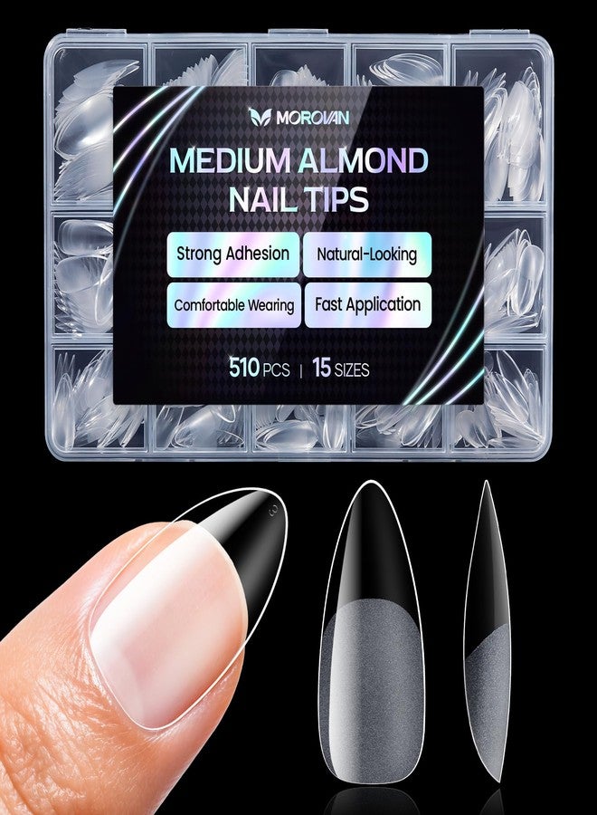 Morovan Medium Almond Nail Tips: 15 Sizes 510pcs Full Cover Set with Nail Art Designs for Gel Polish Strong Bond Long Lasting Press On Manicure - Image 1